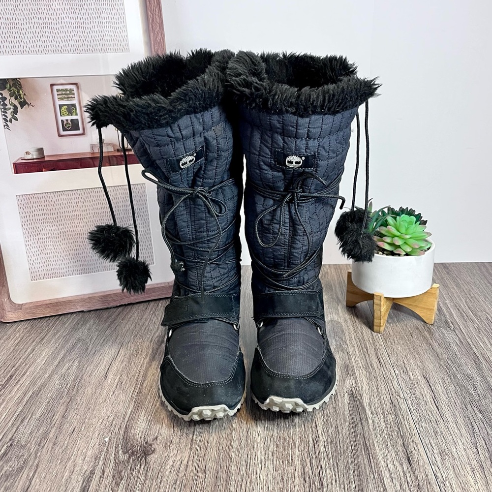 *🎉 HP 🎉Timberland | Black Leather Lace Up Fur Trim Mid-Calf Winter Boots S 7 - Picture 2 of 14